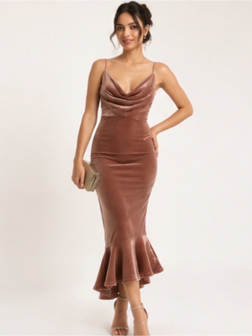 ASOS Velvet Cowl Neck Mermaid Midi Dress in Rose Brown